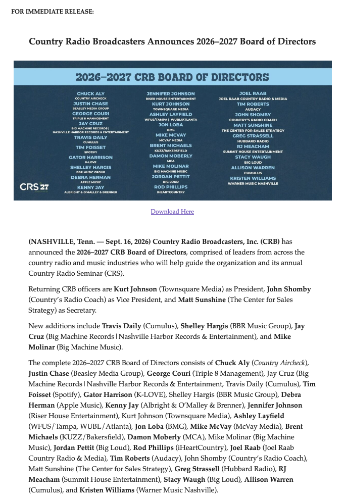 Country Radio Broadcasters announces the 2026–2027 Board of Directors